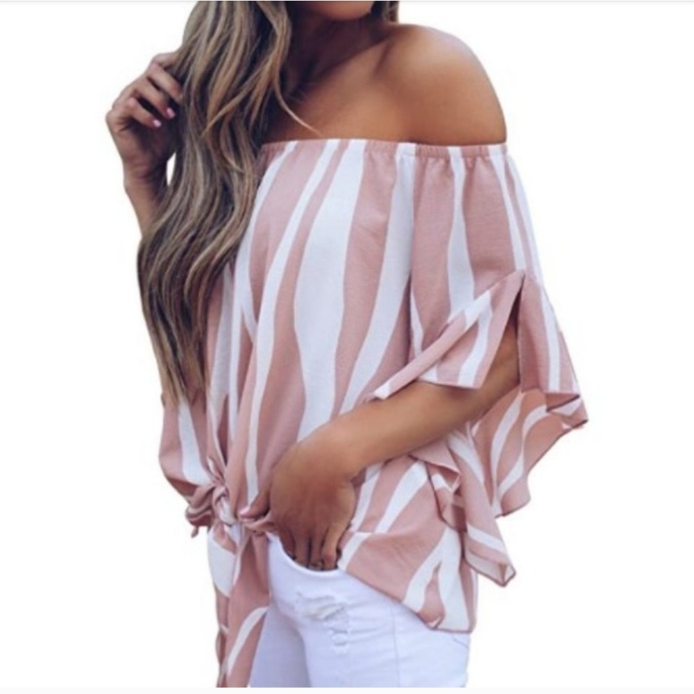 BOHO White Pink Striped Tie Knot 3/4 Ruffled Flare Sleeve XXL Blouse Top